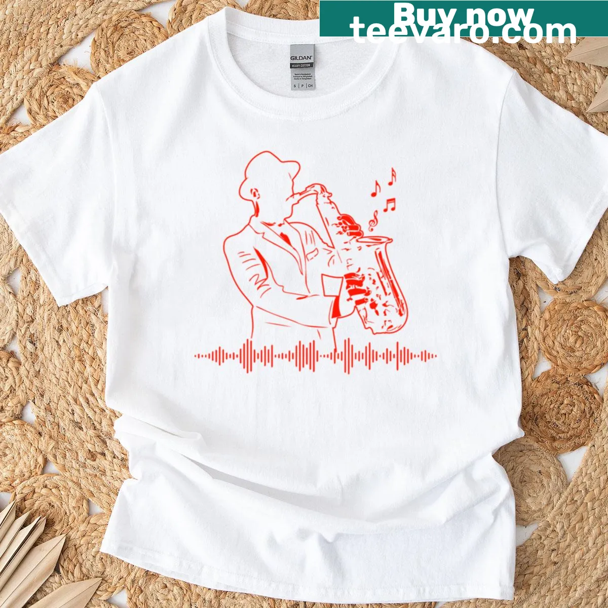 Vintage retro saxophone graphic with jazz-themed typography — on a men's t-shirt