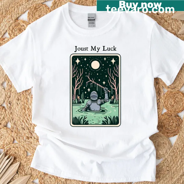 Tarot-inspired t-shirt with whimsical 'Joust My Luck In Bog' design