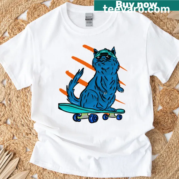 Illustration of a cool cat on a skateboard with a cap on