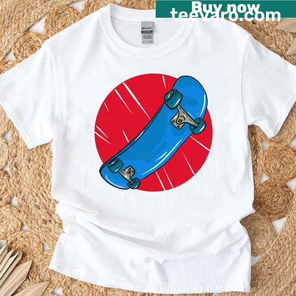 Graphic of a skateboard with a red circle and lines on an oversized tee