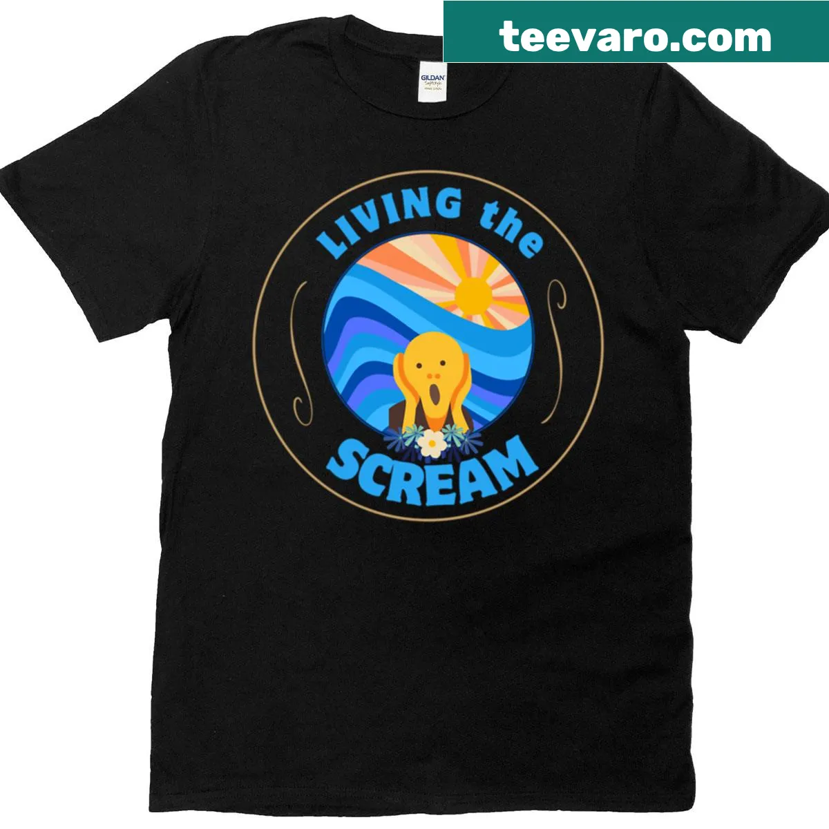 Art-inspired T-shirt with 'Living The Scream' text and design — on a men's t-shirt