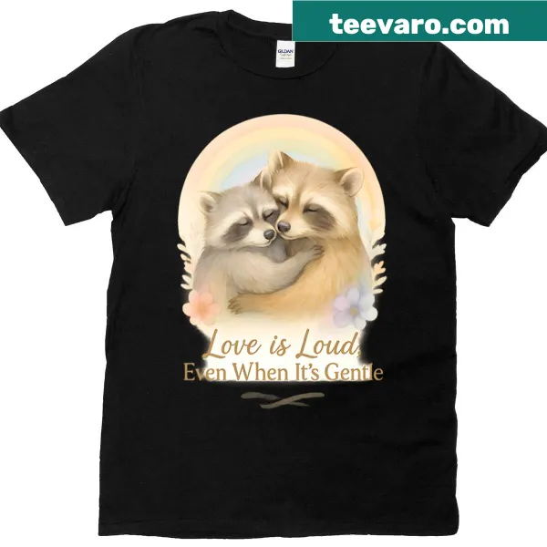 Cute T-shirt featuring a raccoon hug illustration for pride