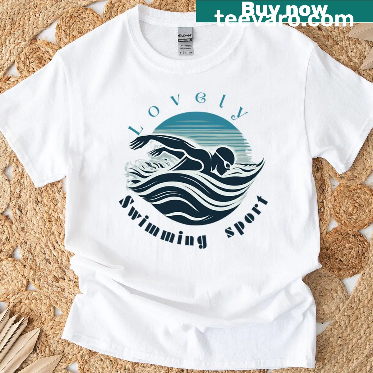 Oversized swimming sport T-shirt with playful graphics — on a men's t-shirt