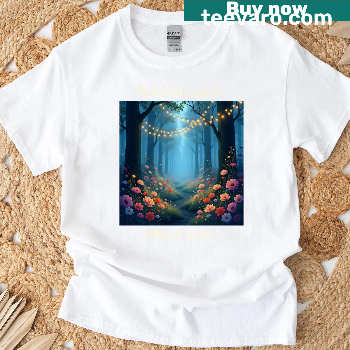 Whimsical t-shirt inspired by 'Misty Realms Midnight Gardens' — on a men's t-shirt