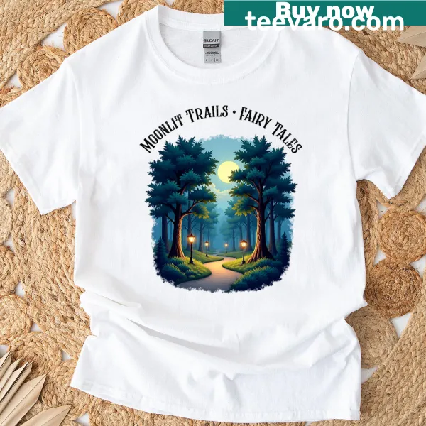 Whimsical fairy tale design on an enchanted T-shirt under a moonlit sky.