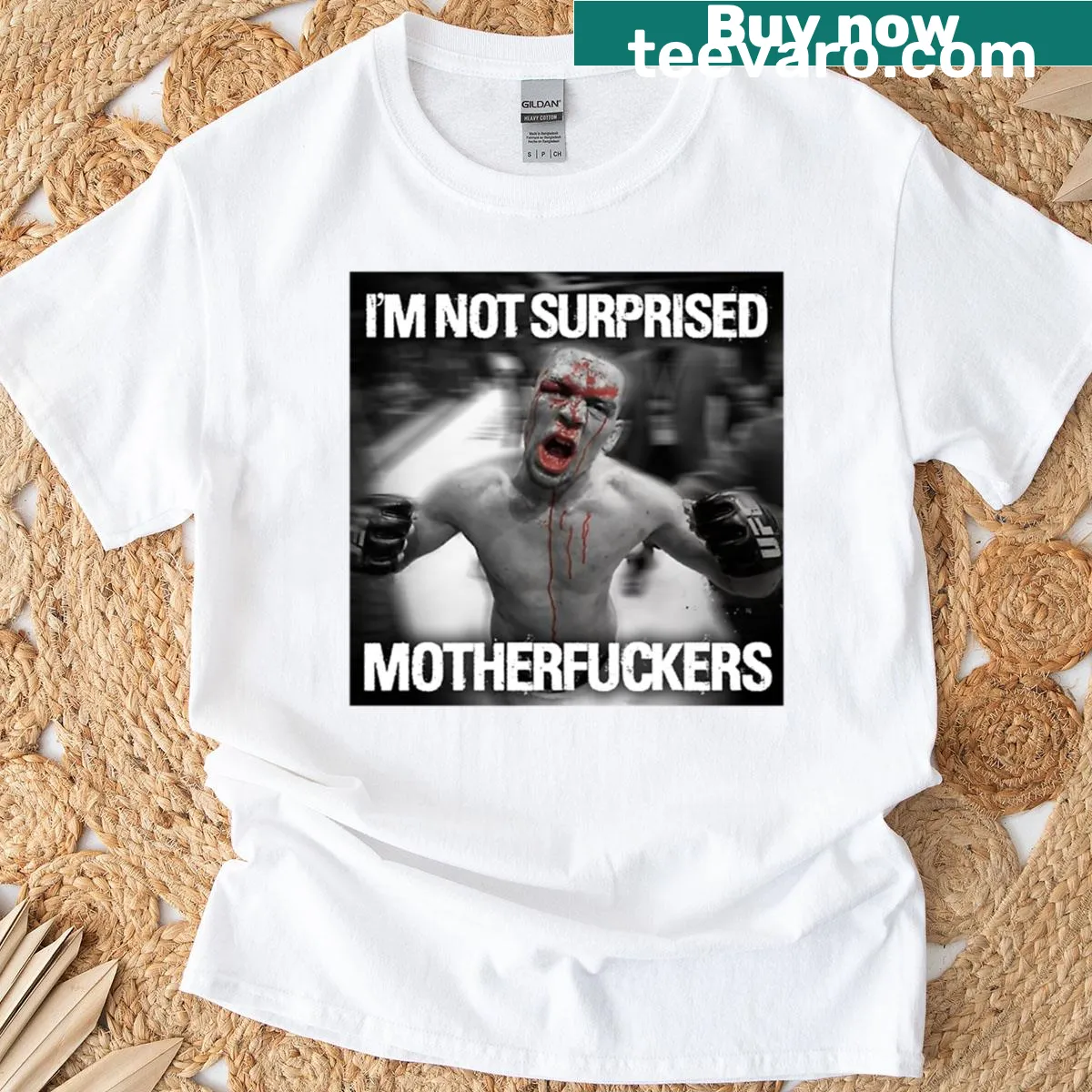 T-shirt with the phrase 'Not Surprised Motherfuckers' in bold text — on a men's t-shirt