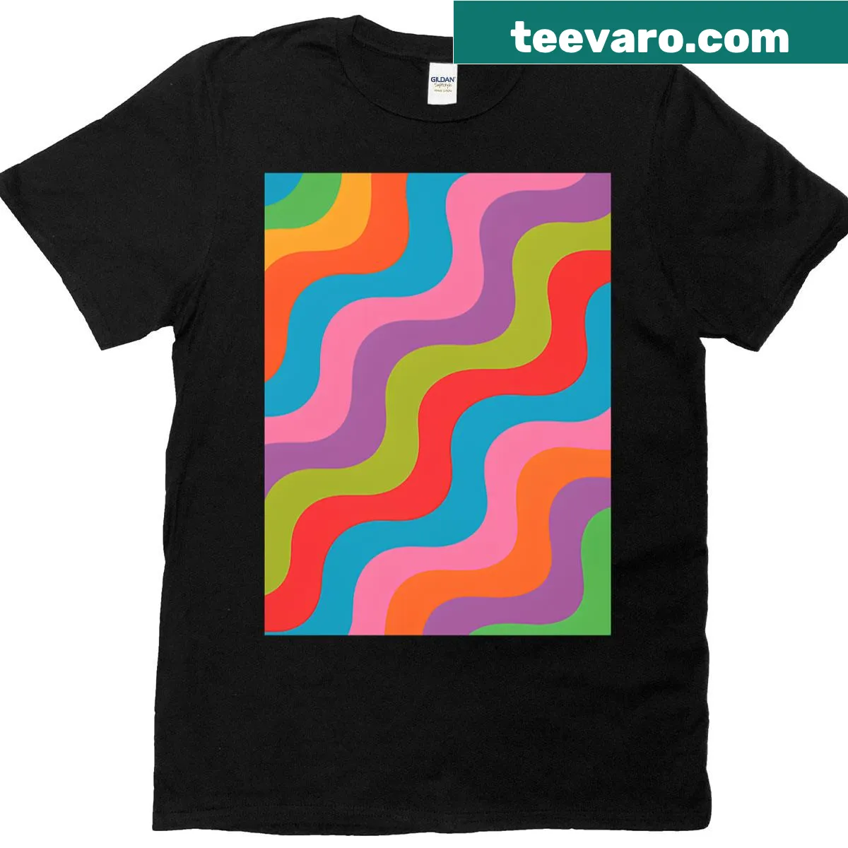 Neon rainbow ripple pattern t-shirt with playful wave design — on a men's t-shirt