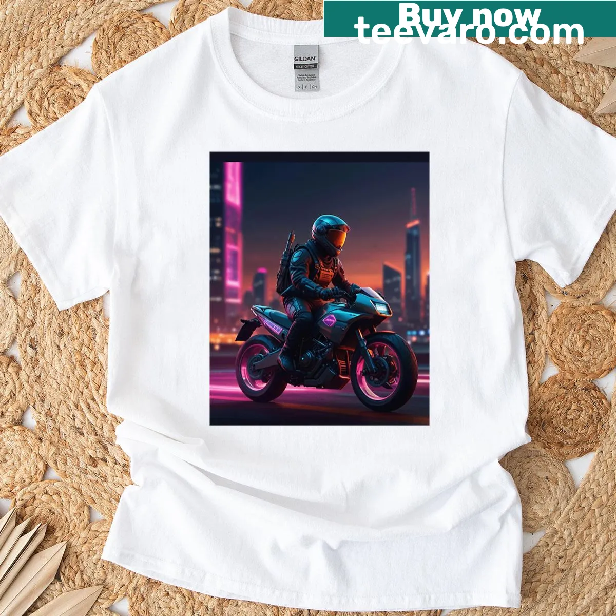 Graphic tee featuring a neon rider racing through a futuristic cityscape — on a men's t-shirt