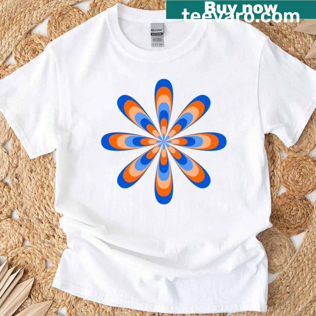 Retro groovy daisy T-shirt with playful abstract design — on a men's t-shirt
