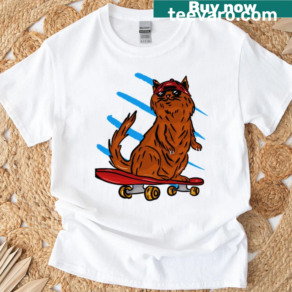 Illustration of an orange cat in a cap on a skateboard T-shirt — on a men's t-shirt