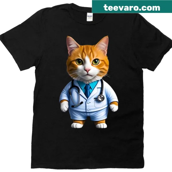 Cute orange tabby cat doctor illustration on T-shirt