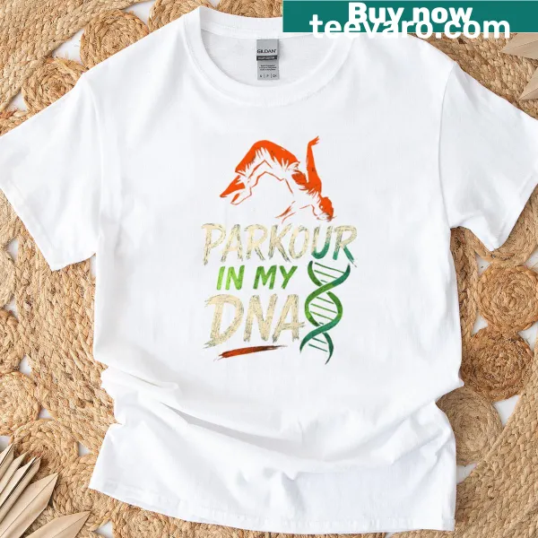 Graphic design stating 'Parkour In My DNA' with a backflip illustration