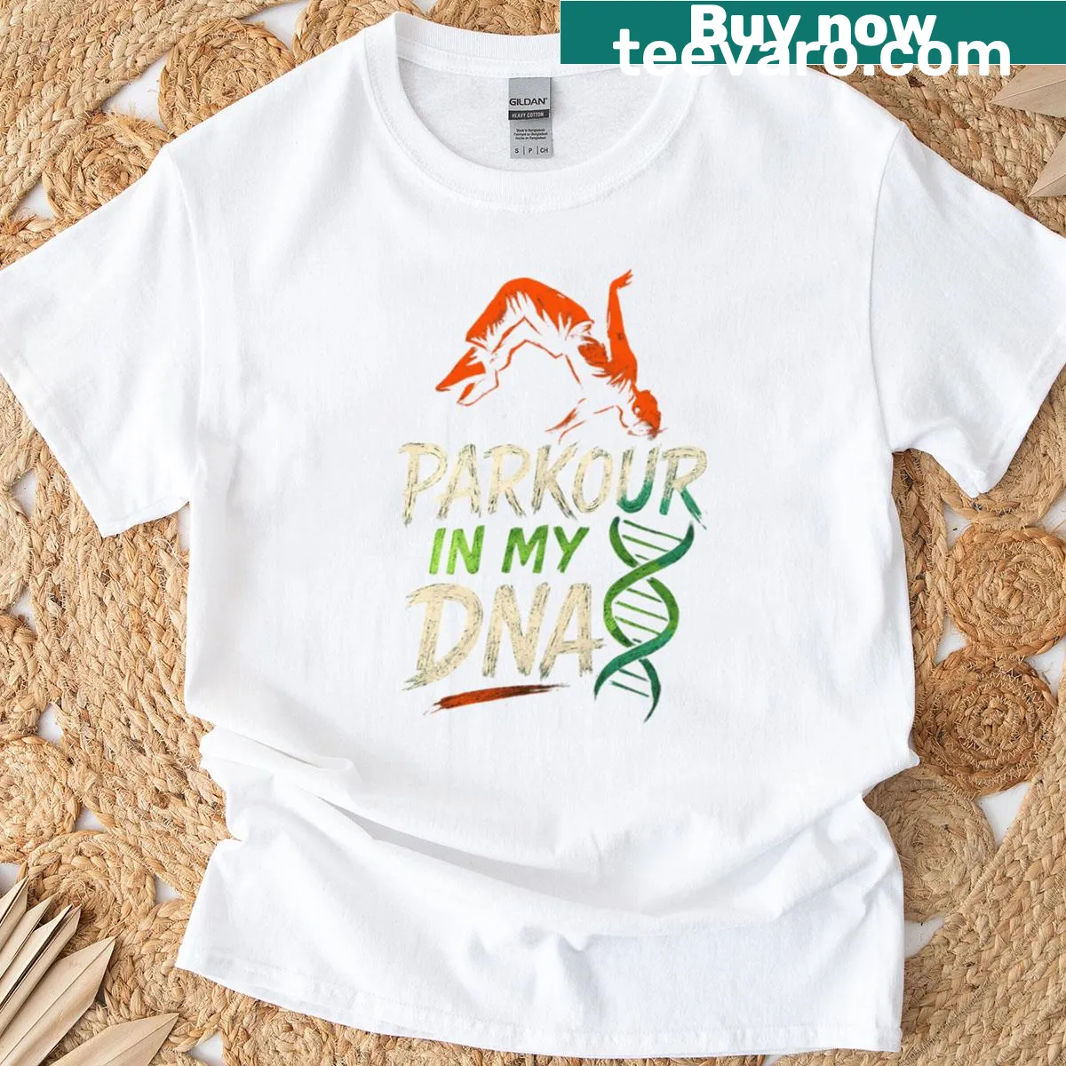 Graphic design stating 'Parkour In My DNA' with a backflip illustration — on a men's t-shirt