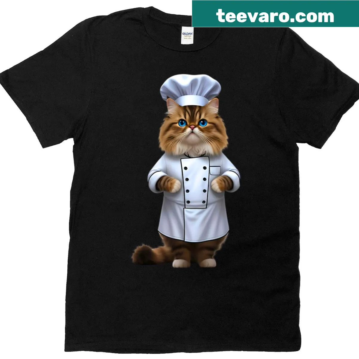 Adorable Persian cat chef graphic on an oversized t-shirt — on a men's t-shirt