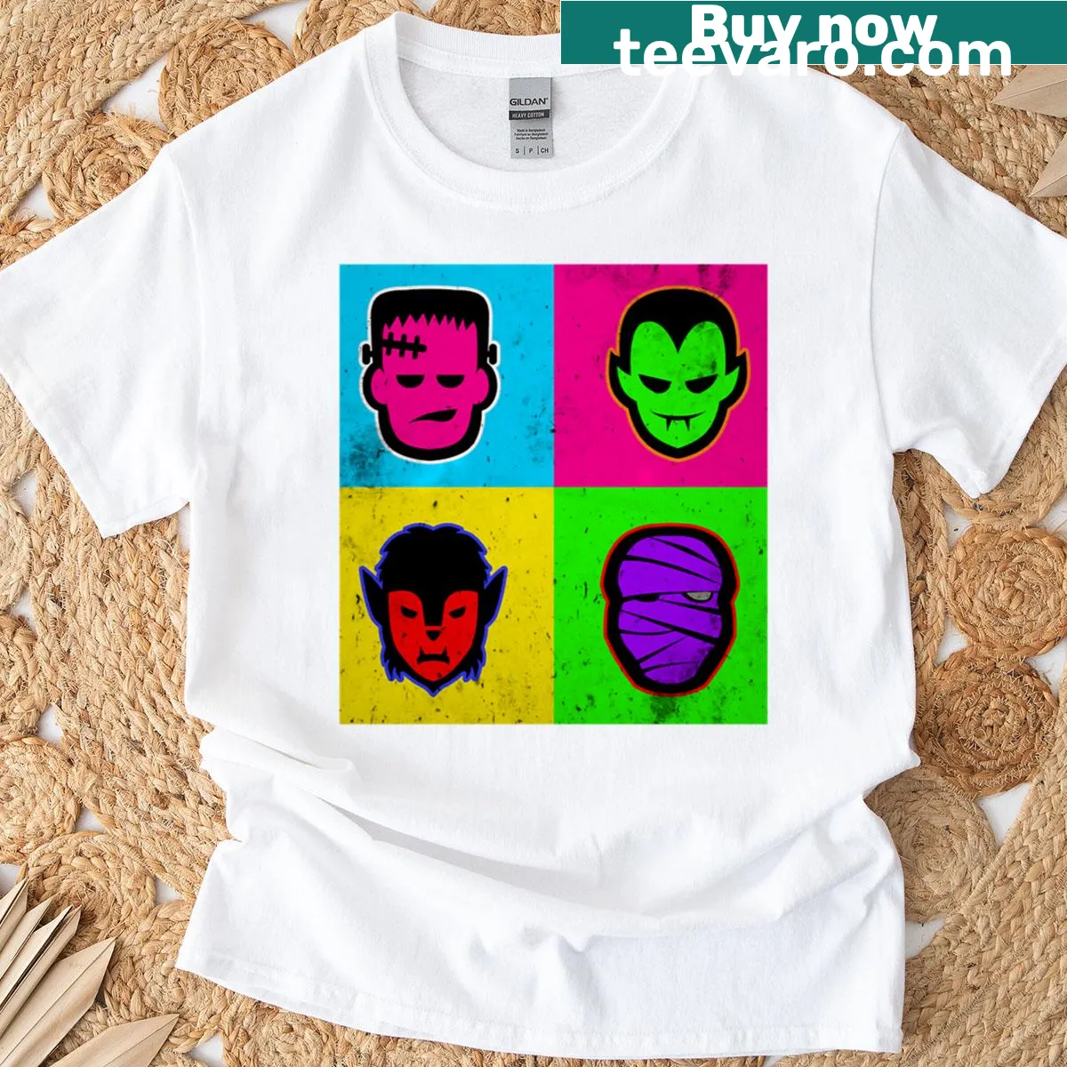 T-shirt featuring whimsical pop art monsters — on a men's t-shirt