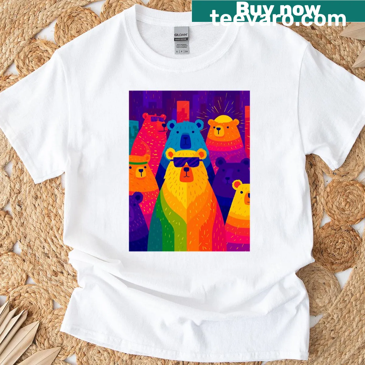 T-shirt featuring cheerful bears and bodies in a pride community design. — on a men's t-shirt