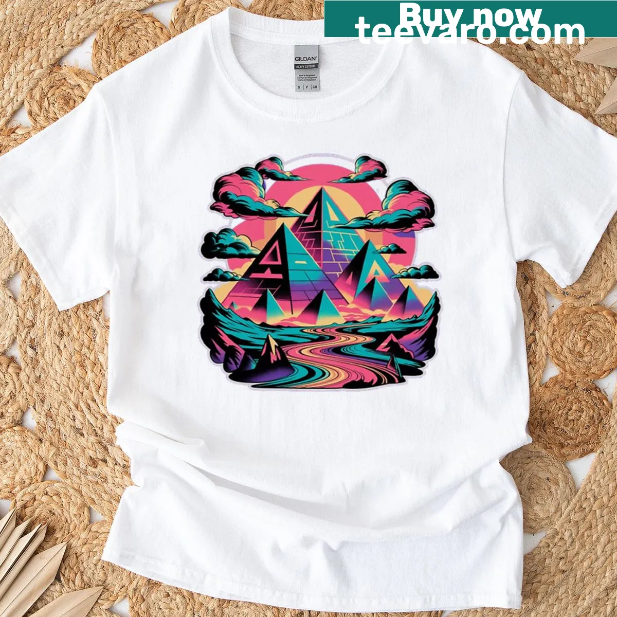 Psychedelic style graphic t-shirt featuring pyramids — on a men's t-shirt