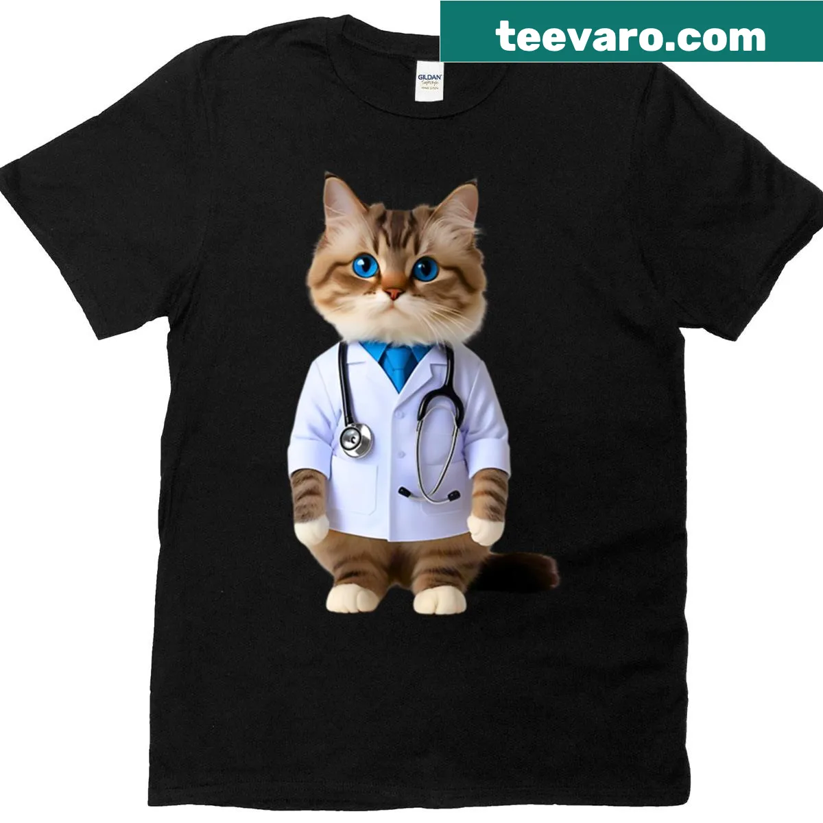 Ragdoll cat in a doctor's coat with a stethoscope illustration — on a men's t-shirt