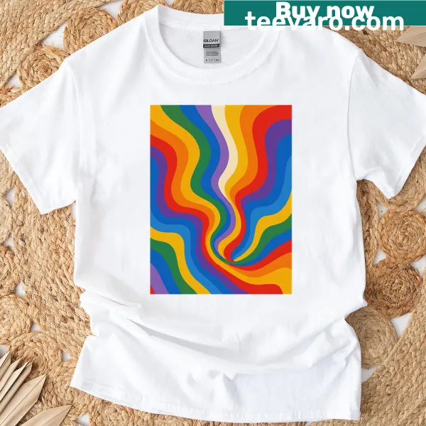 Oversized T-shirt with rainbow wave swirl design