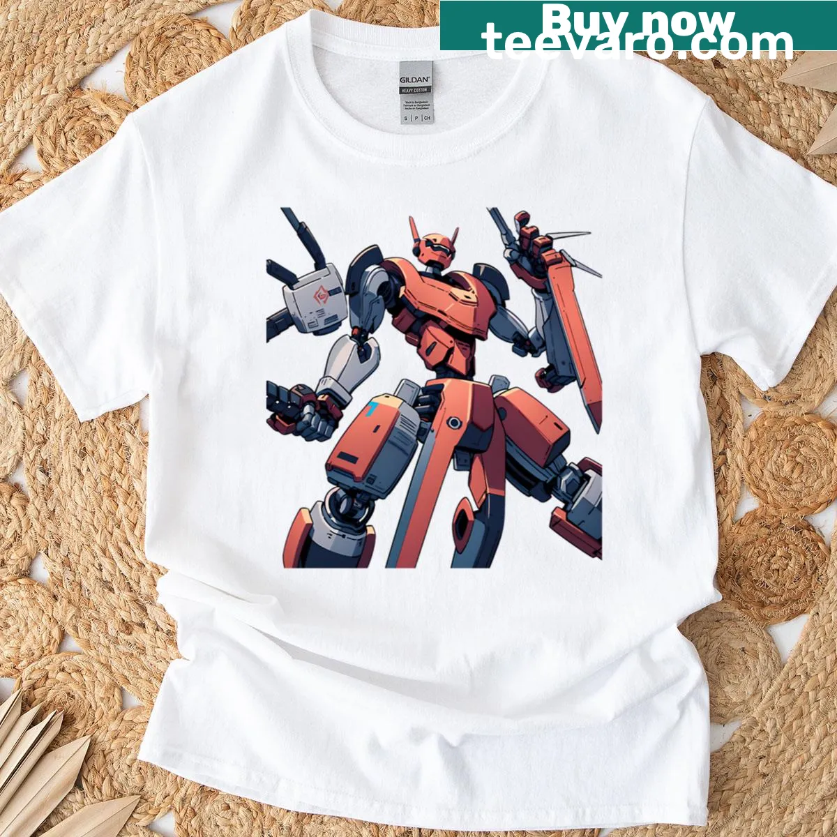 Futuristic design featuring birds and machines in red and blue. — on a men's t-shirt
