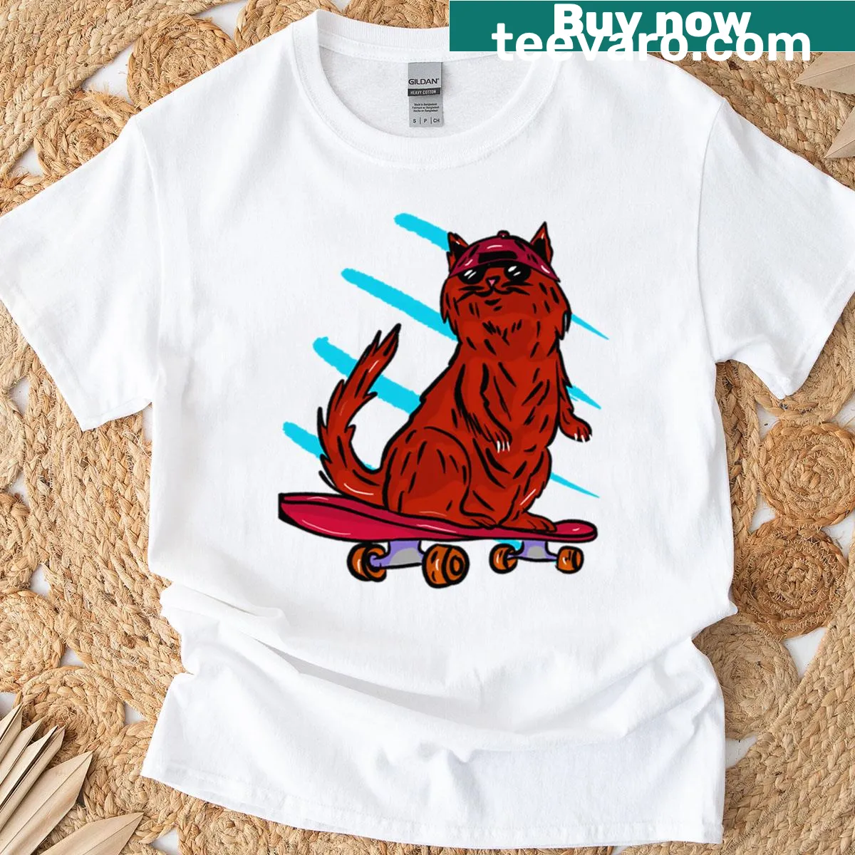 Illustration of a cat with a cap on a skateboard — on a men's t-shirt