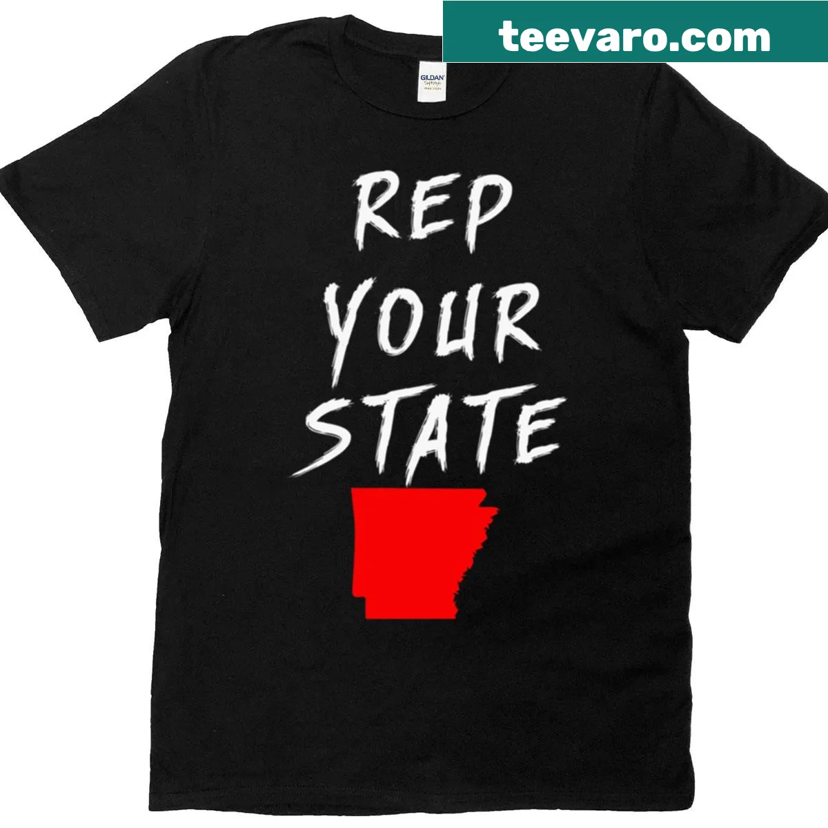 Arkansas-themed T-shirt with bold typography of the state name — on a men's t-shirt