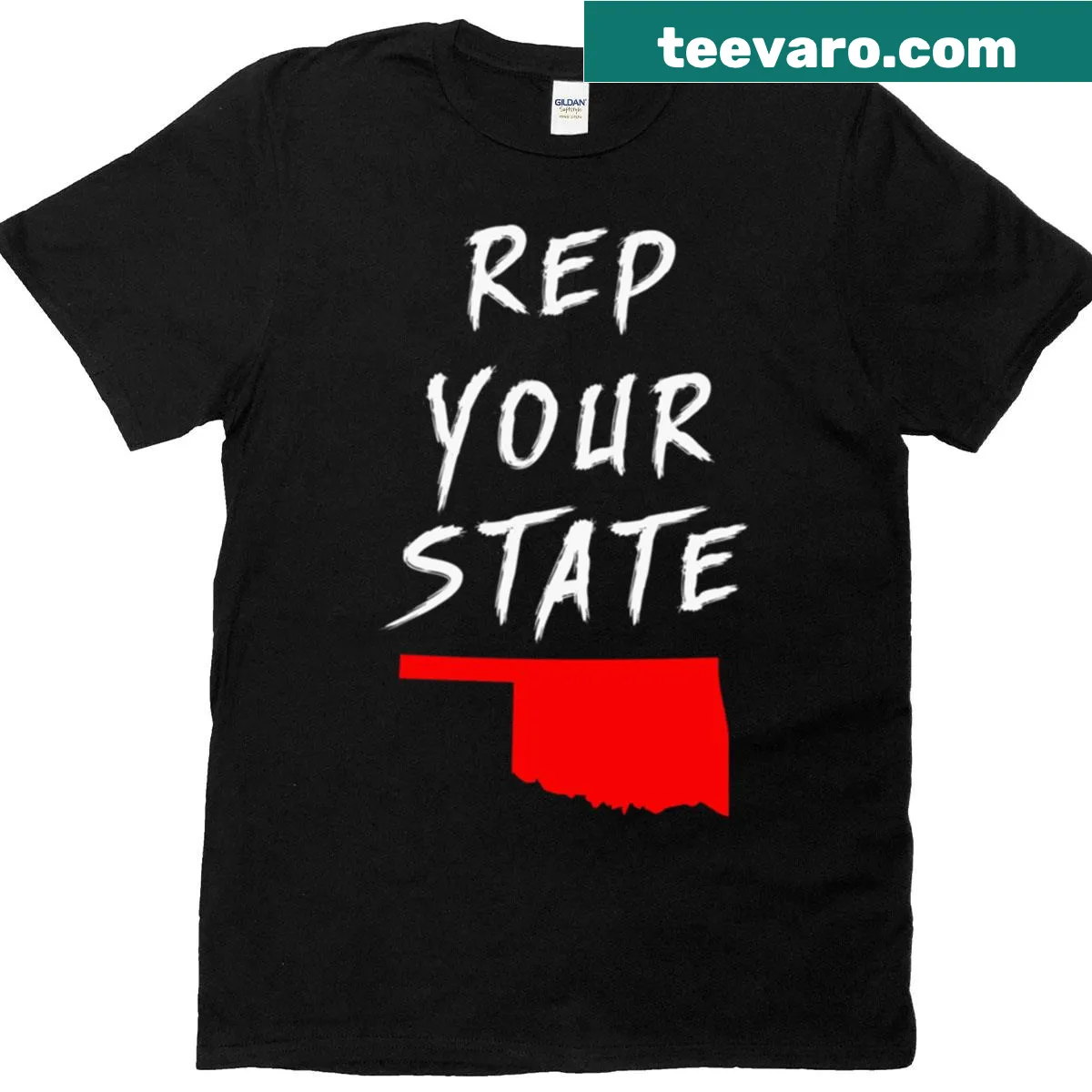 Oklahoma themed t-shirt with bold text saying Rep Your State — on a men's t-shirt
