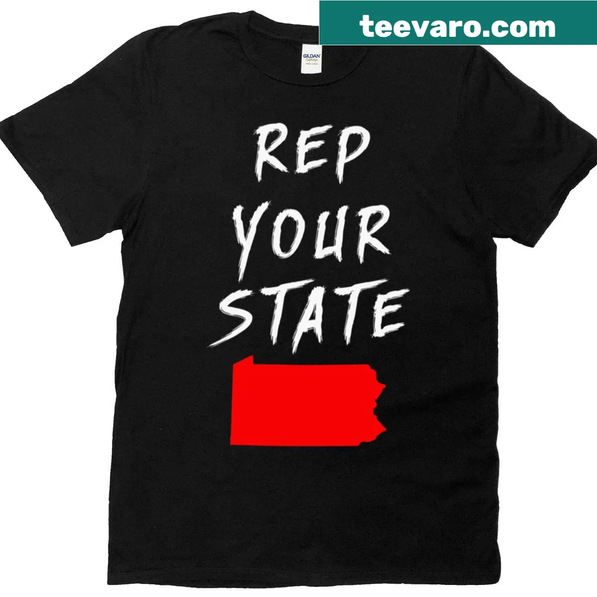 Pennsylvania themed t-shirt with bold text saying Rep Your State — on a men's t-shirt