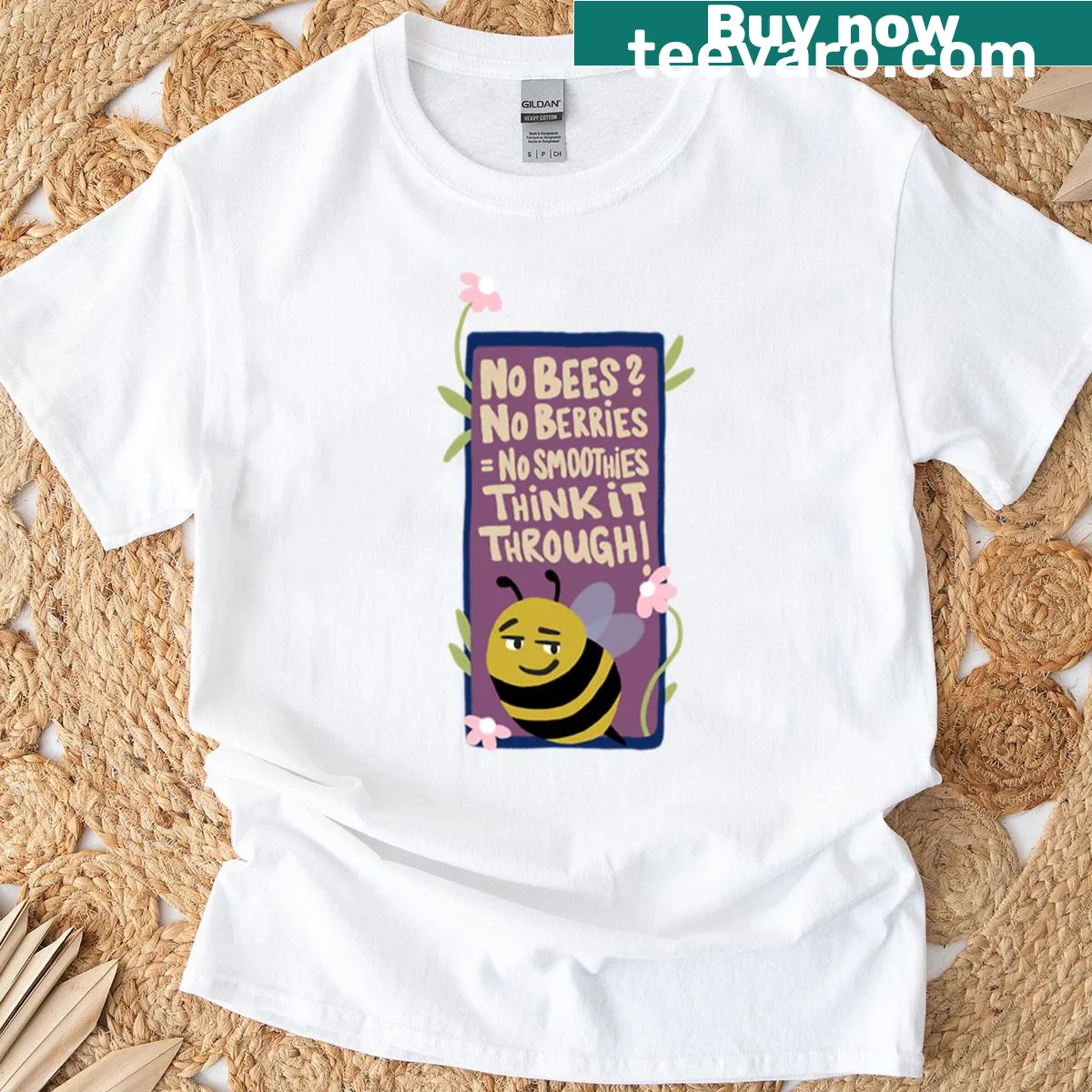 Illustration of playful bees surrounded by flowers on an oversized t-shirt — on a men's t-shirt