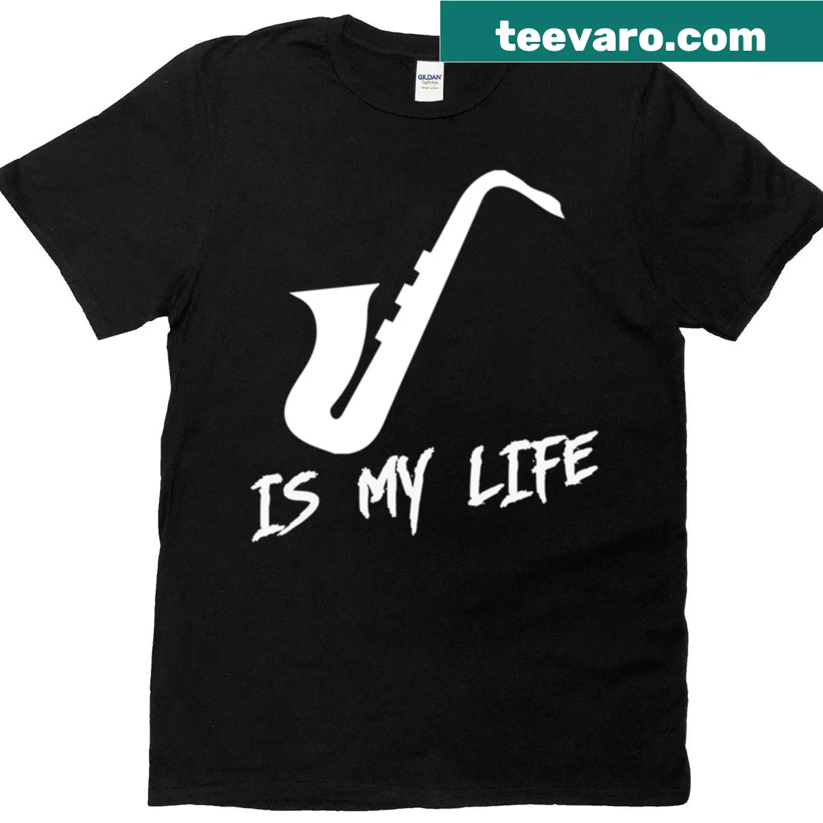 Typography-based T-shirt that states 'Saxophone Is My Life' — on a men's t-shirt