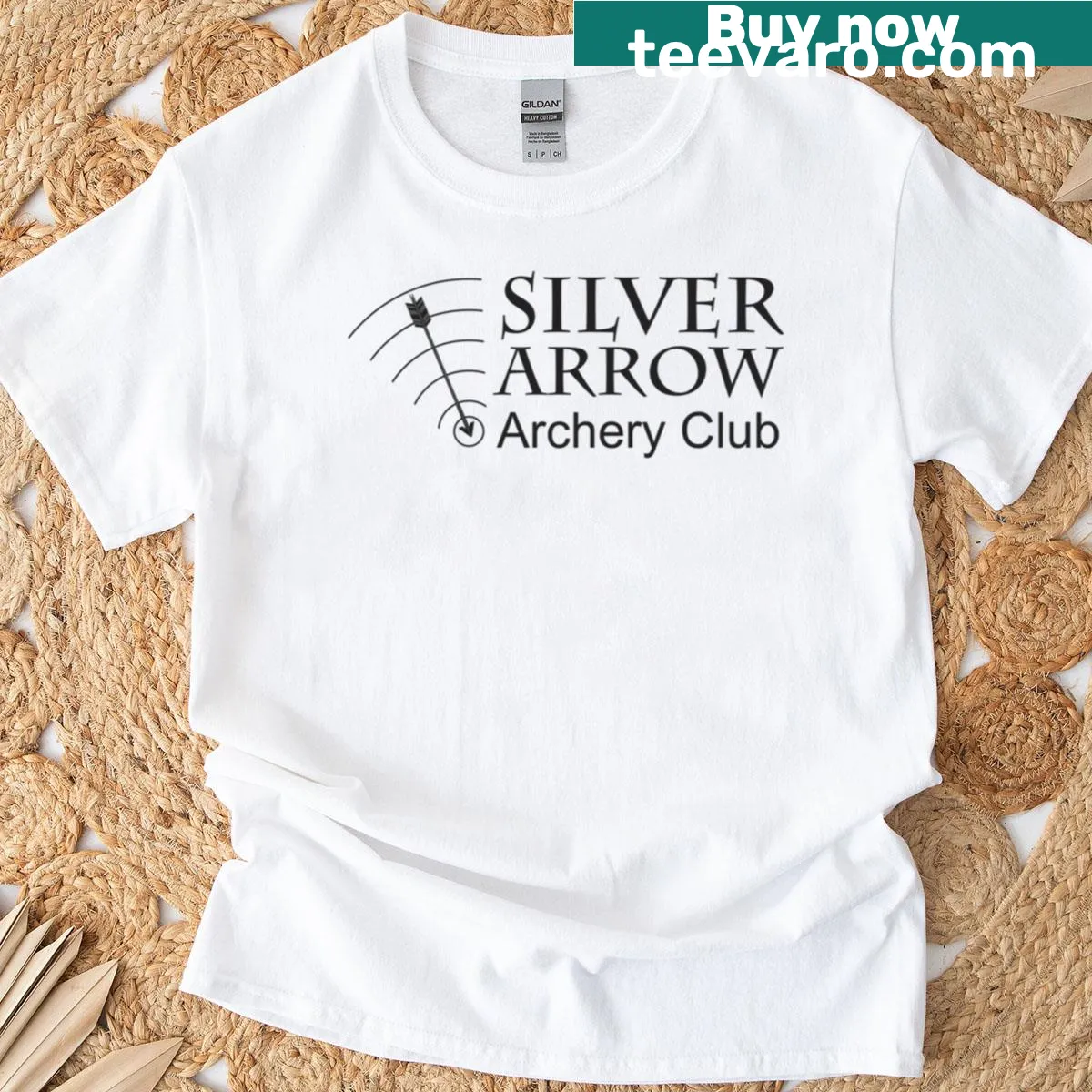 Oversized T-shirt with large Silver Arrow Archery Club logo — on a men's t-shirt