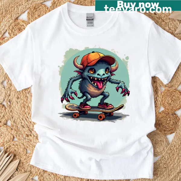 Playful cartoon goblin on skateboard oversized T-shirt