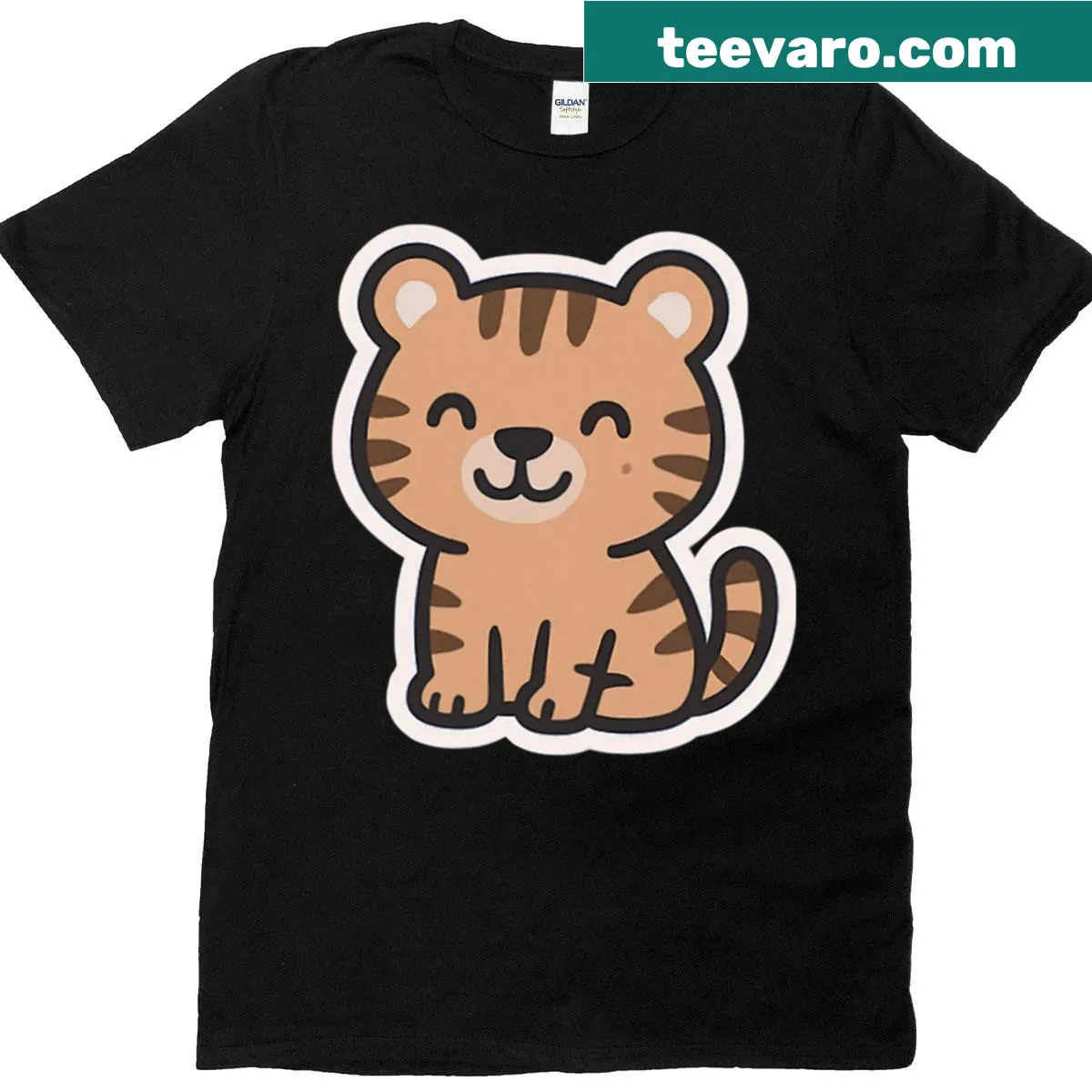 Cute illustrated t-shirt featuring a smiling little orange tiger — on a men's t-shirt
