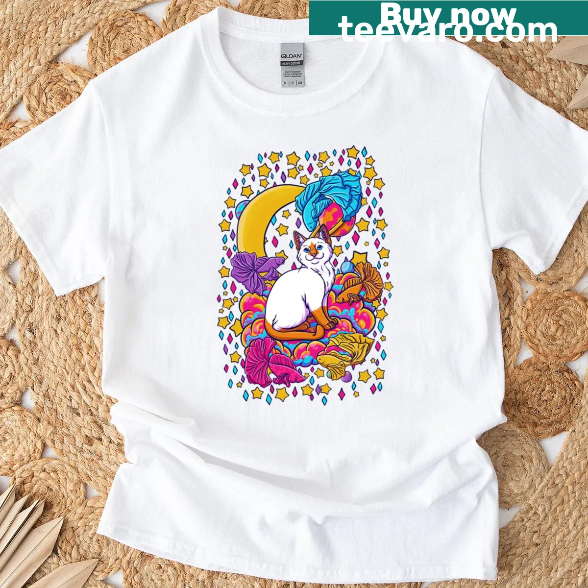 Cute flamepoint Siamese cat in space illustration t-shirt — on a men's t-shirt