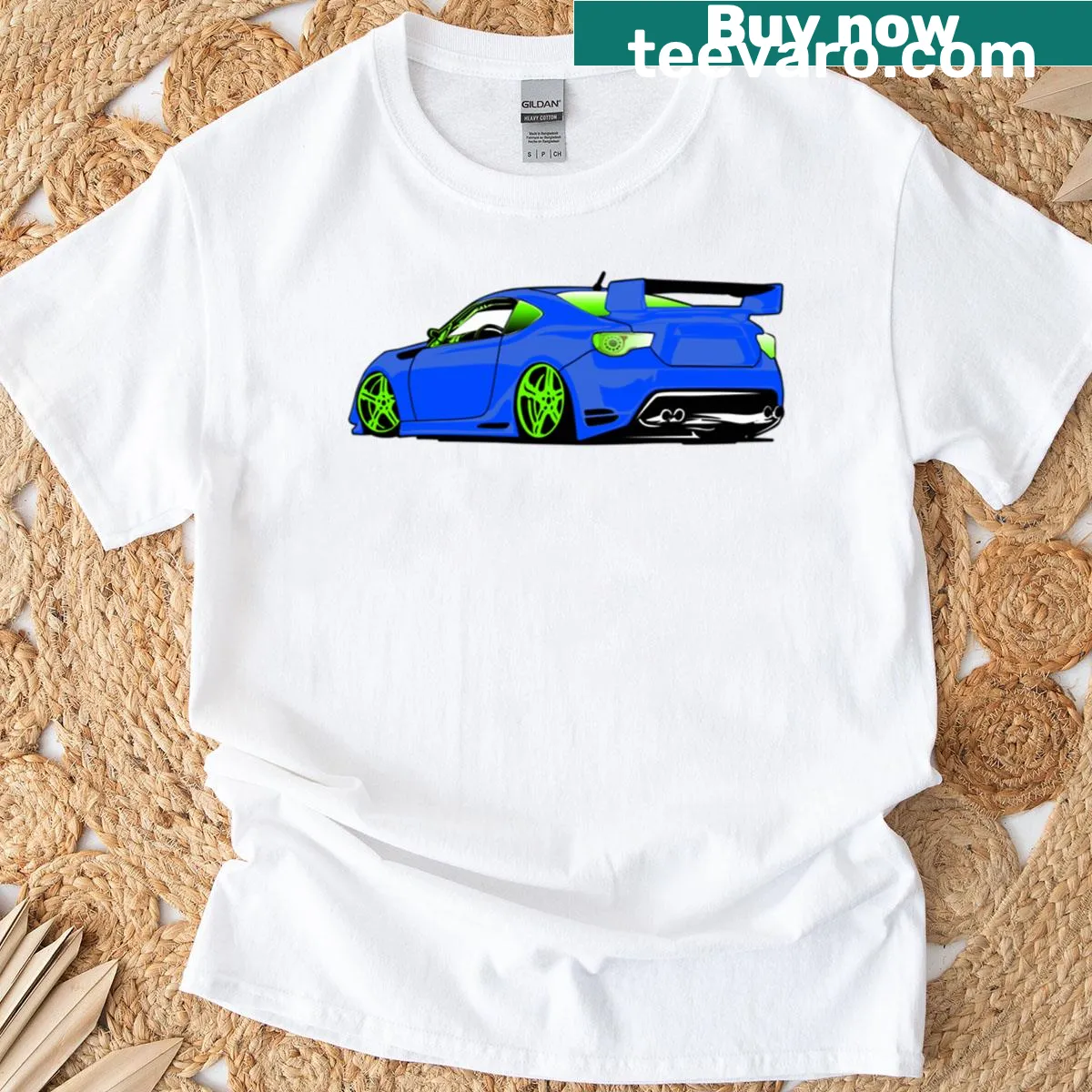 Playful oversized t-shirt for sport car modification enthusiasts — on a men's t-shirt