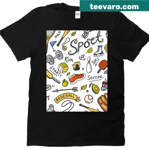 T-shirt featuring sporting equipment illustrations.