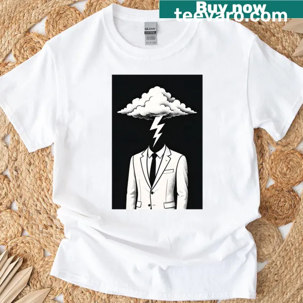 Graphic T-shirt with imagery of a stormy mind in a business suit
