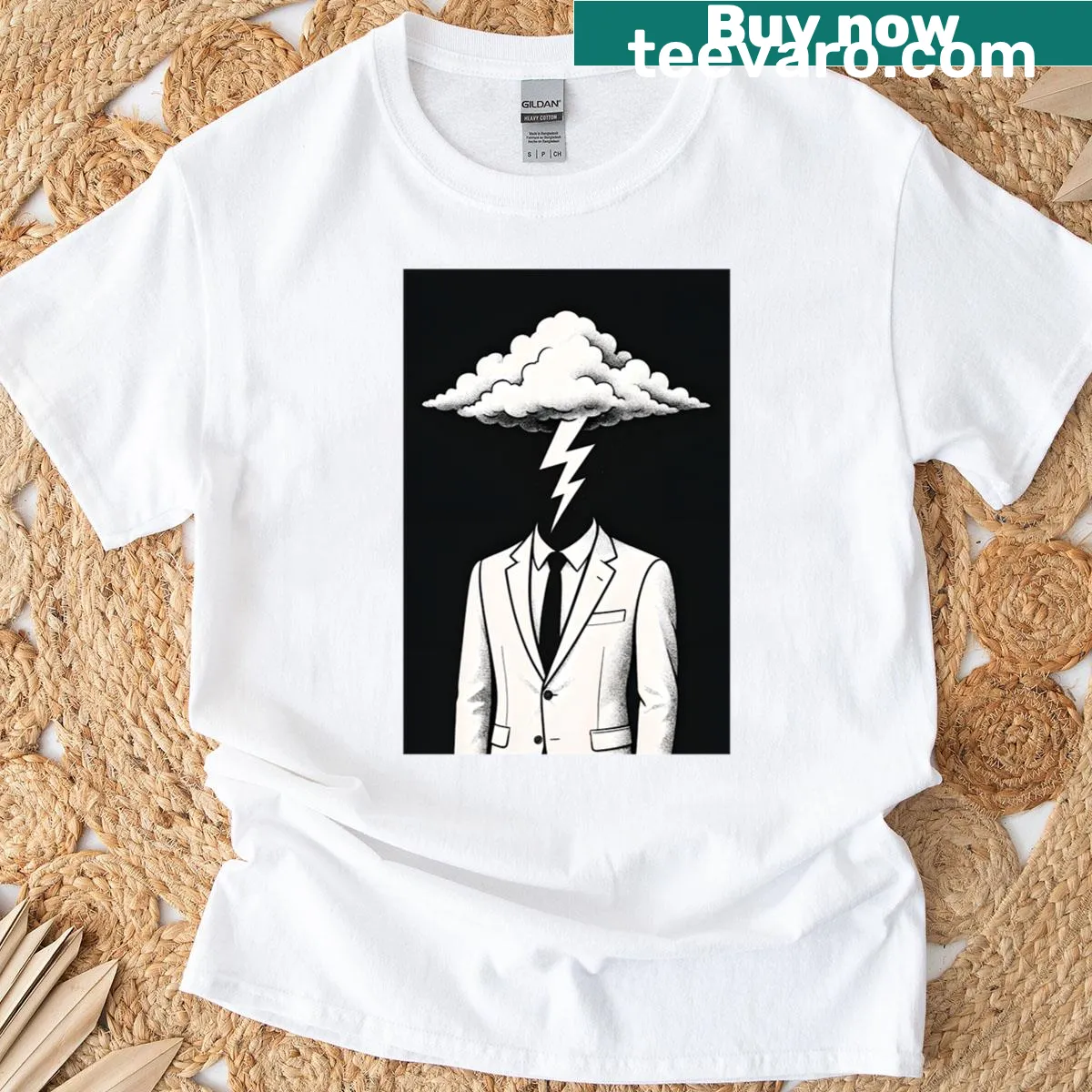 Graphic T-shirt with imagery of a stormy mind in a business suit — on a men's t-shirt