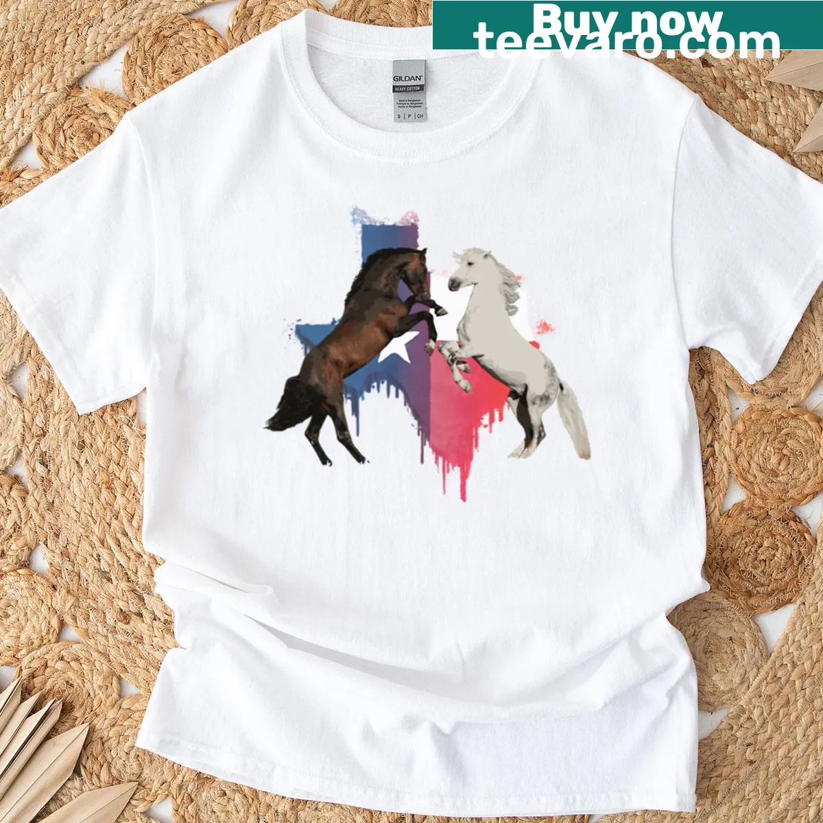 Cartoon horses galloping on an oversized Texas-themed T-shirt — on a men's t-shirt