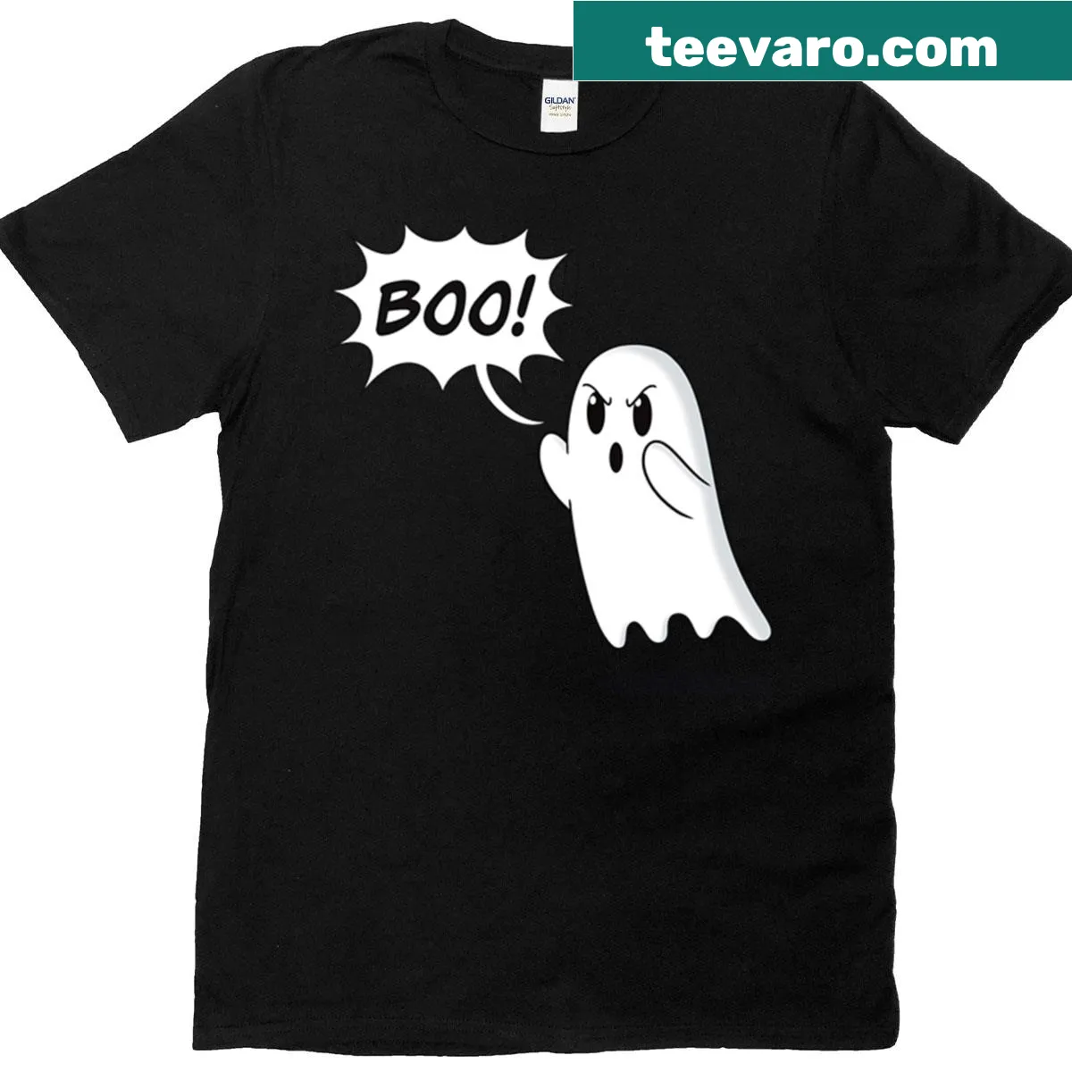 Whimsical ghost illustration with a disapproving expression on T-shirt — on a men's t-shirt