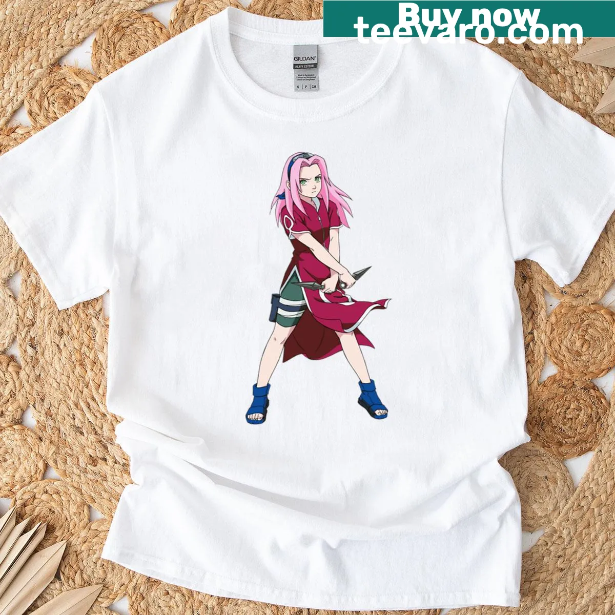 Cartoon graphic of Sakura from Konoha with text on T-shirt — on a men's t-shirt