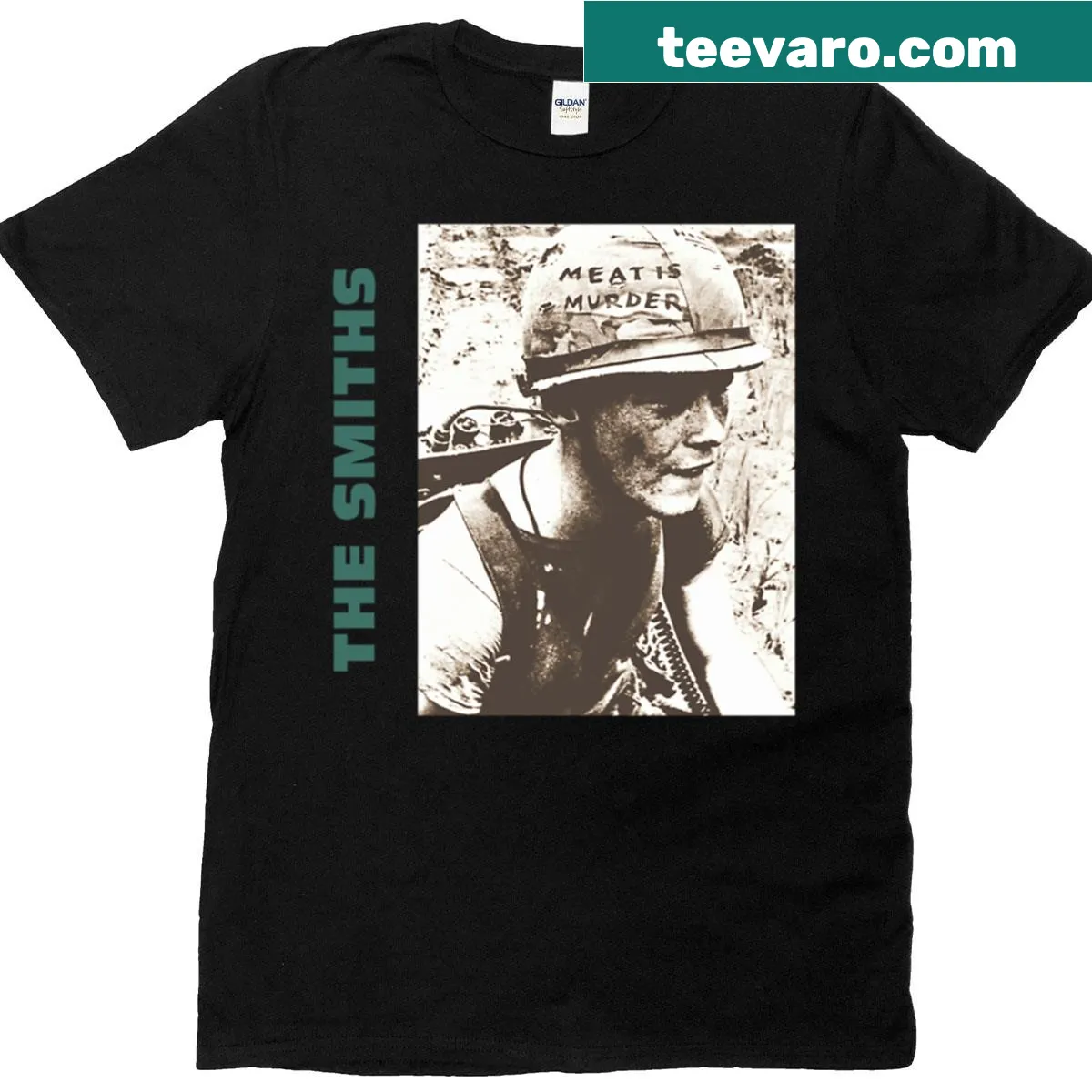 Graphic T-shirt with The Smiths' phrase 'Meat Is Murder' — on a men's t-shirt