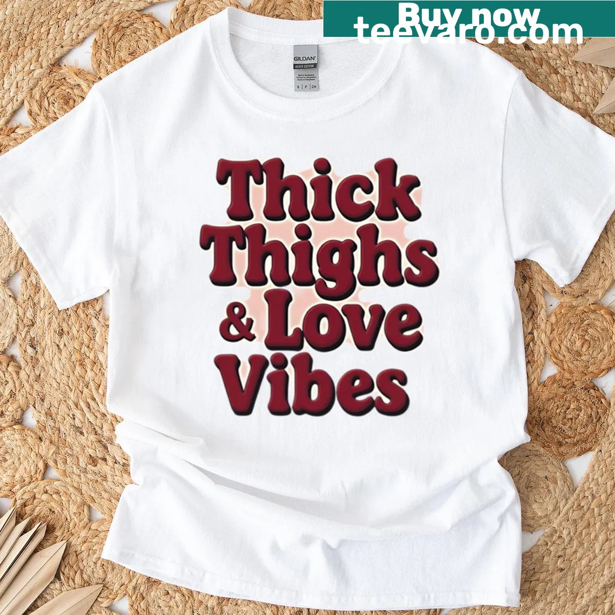 Inspirational graphic saying 'Thick Thighs And Love Vibes' on T-shirt — on a men's t-shirt