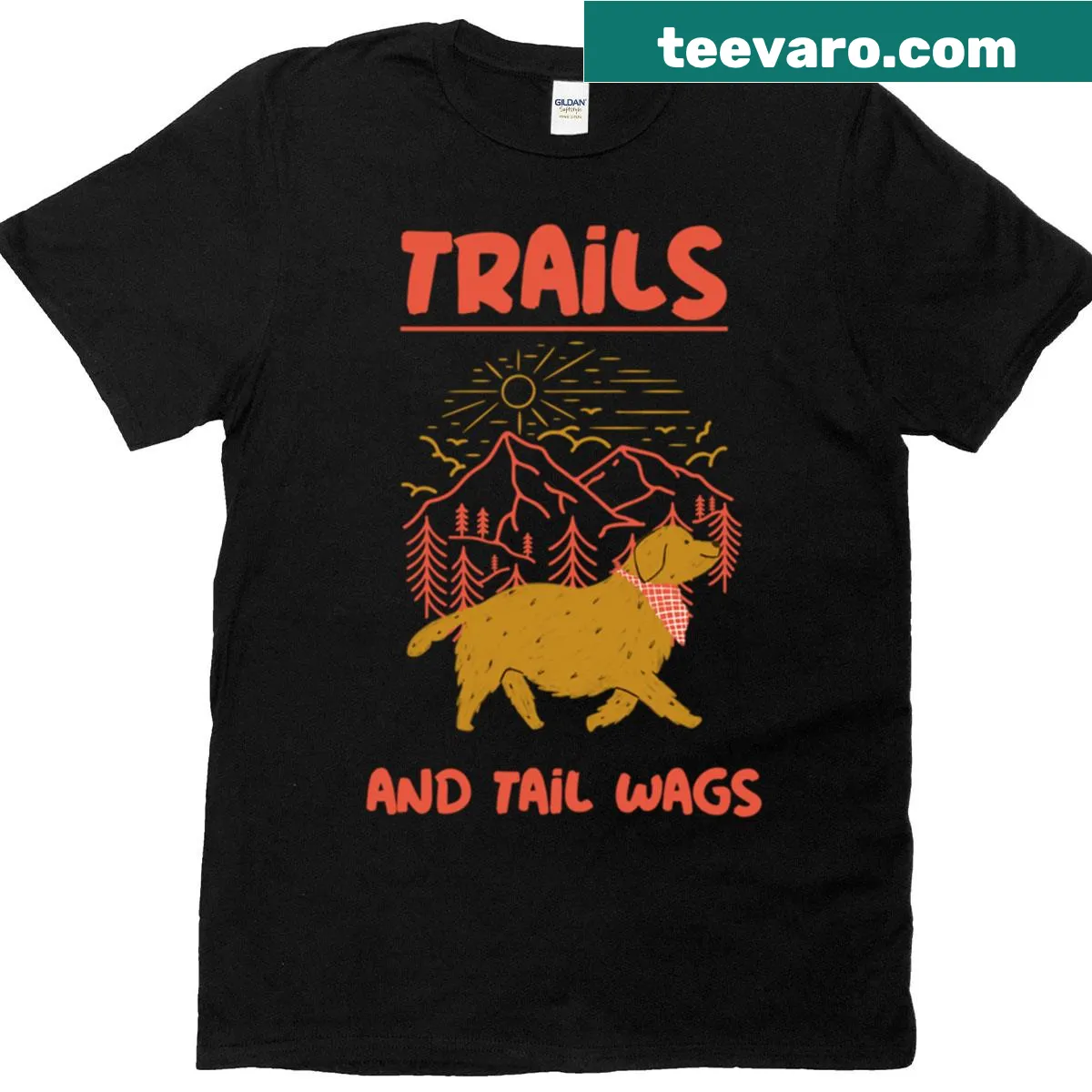 T-shirt featuring a Labrador Retriever illustration with the phrase 'Trails and Tail Wags' — on a men's t-shirt