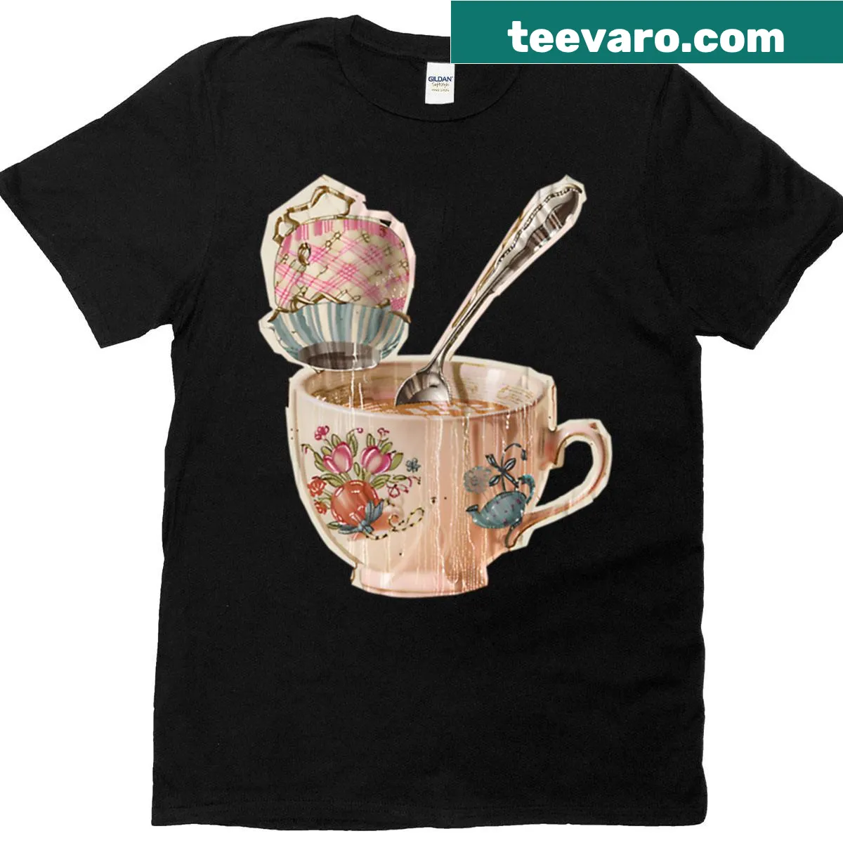 Vintage tea stack t-shirt with charming illustration — on a men's t-shirt