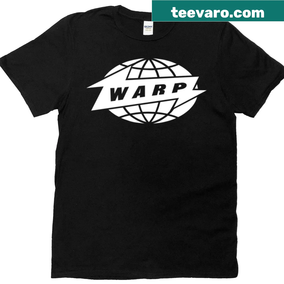 Minimalist Warp Records t-shirt with distinctive text design — on a men's t-shirt