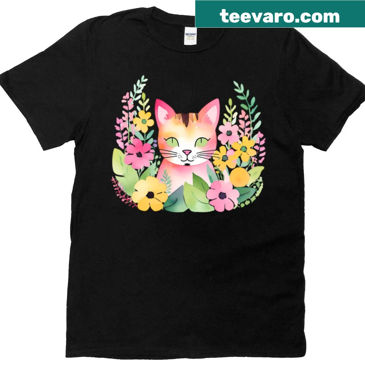 Watercolor pink cat surrounded by flowers on a T-shirt — on a men's t-shirt