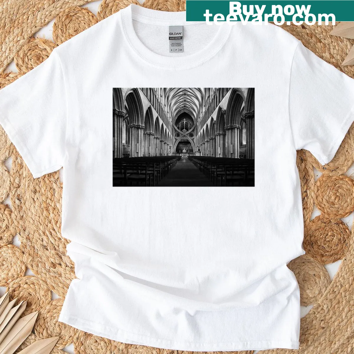 Illustrated design of Wells Cathedral on a T-shirt — on a men's t-shirt
