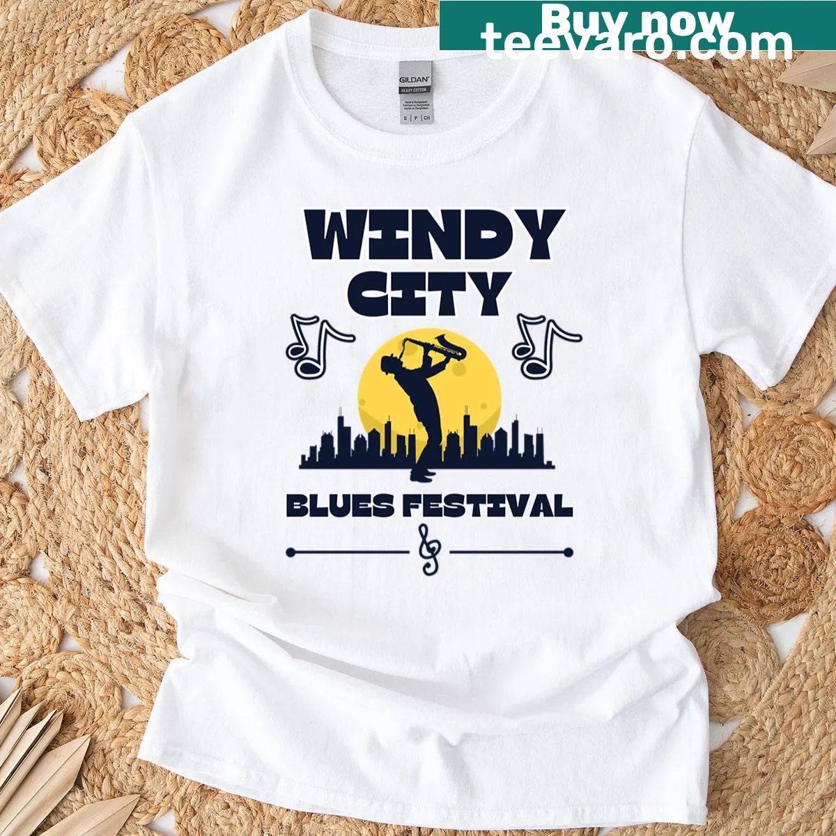 Windy City Blues Festival T-shirt featuring retro logo design — on a men's t-shirt