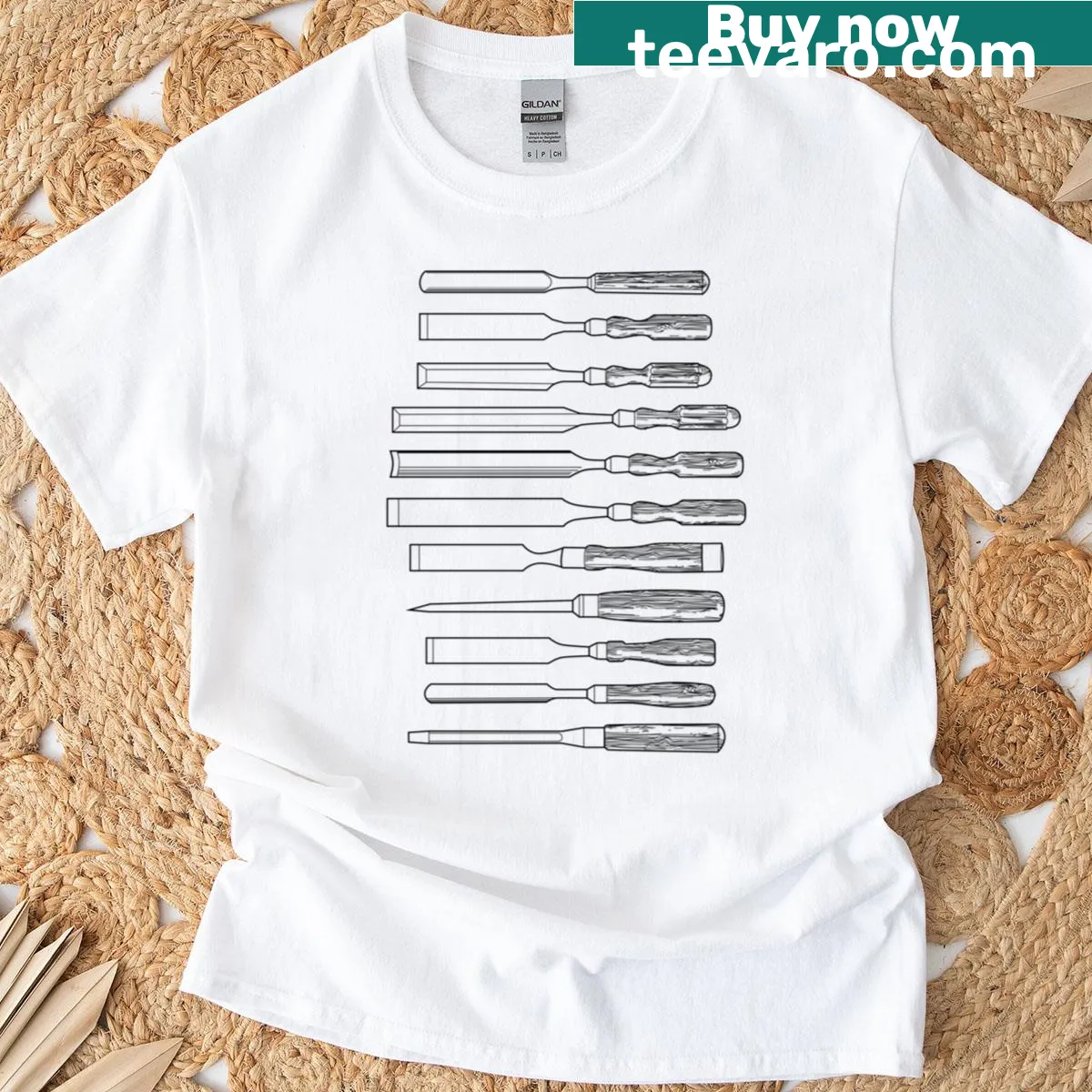 Graphic of woodworking chisels on a T-shirt — on a men's t-shirt